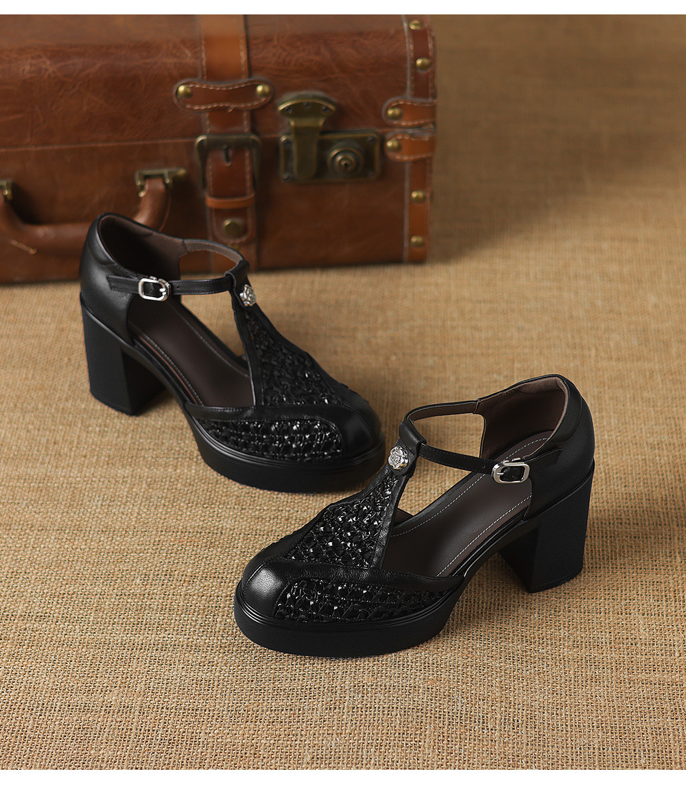 Sandal cao gót nữ mũi nhọn quai chữ T đế dày gót 8.5 cm phong cách vintage — đen chi tiết 28