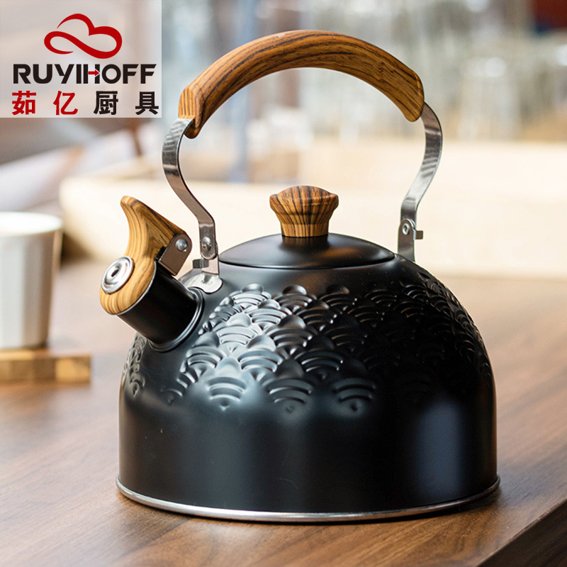Original de estilo europeo Xiangyun patrón de acero inoxidable hervidor de agua 2.5L negro canto olla transfronteriza silbato creativo hervidor de agua image 4