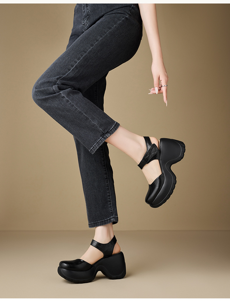 Sandal cao gót nữ hở mũi da thật quai dán, đế platform chống trượt, gót 9 cm — màu đen, màu trắng ngà chi tiết 10