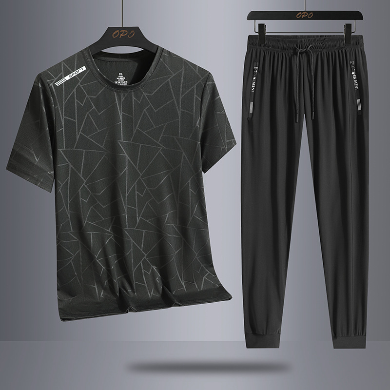 Traje de ocio de seda de hielo de verano para hombres, deportes al aire libre, hombres sueltos, pantalones de camiseta de cuello redondo de secado rápido transpirable de dos piezas