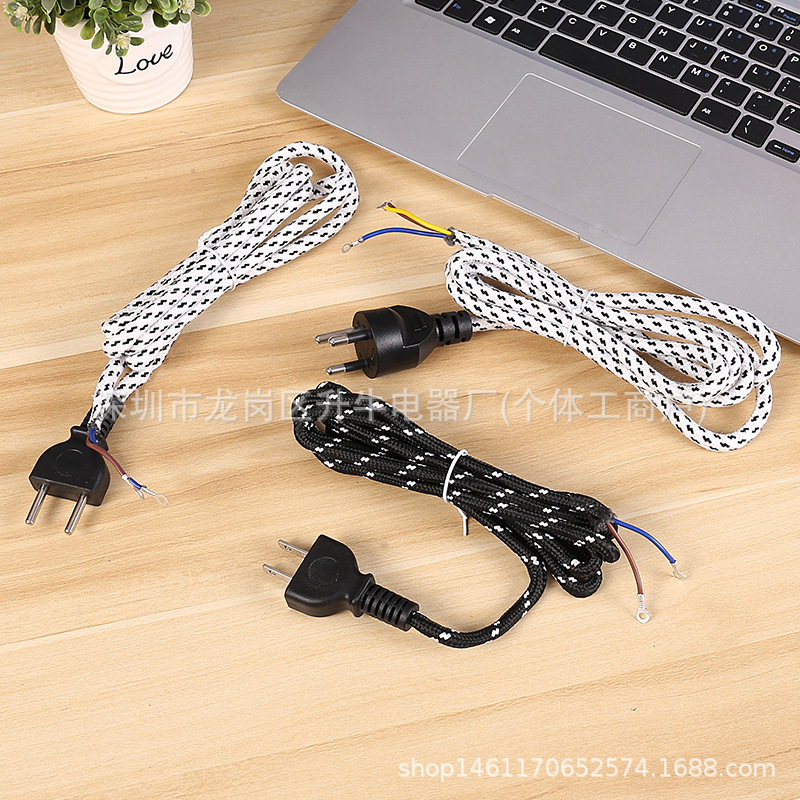 Comercio exterior tailandés tres enchufes un cable de extremo desnudo cable de alimentación trenzado tela flor tailandesa tres enchufes cable de alimentación de hierro