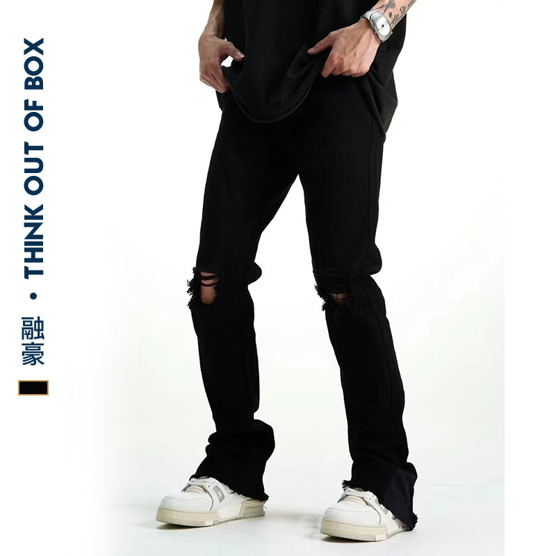 Vintage High Street Ripped Jeans Slim-fit Skinny Trousers Men's Trendy Brand ins Straight Black Pants