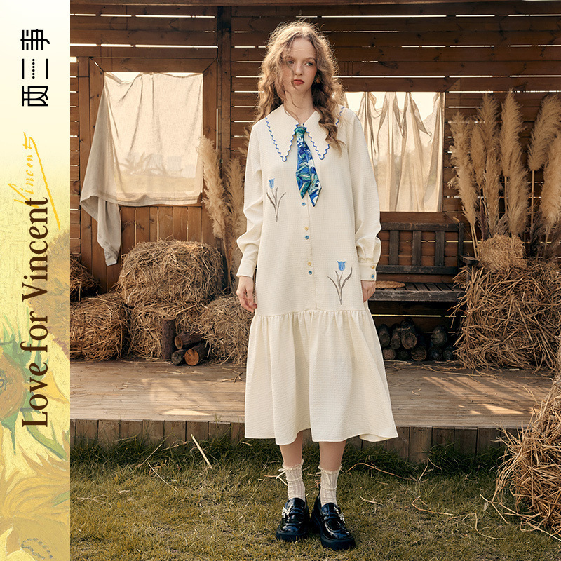 Van Gogh Art Style: Fragrant Branches - Autumn Artistic Style Embroidered and Printed Tie Dress Van Gogh Art Style: Fragrant Branches - Autumn Artistic Style Embroidered and Printed Tie Dress