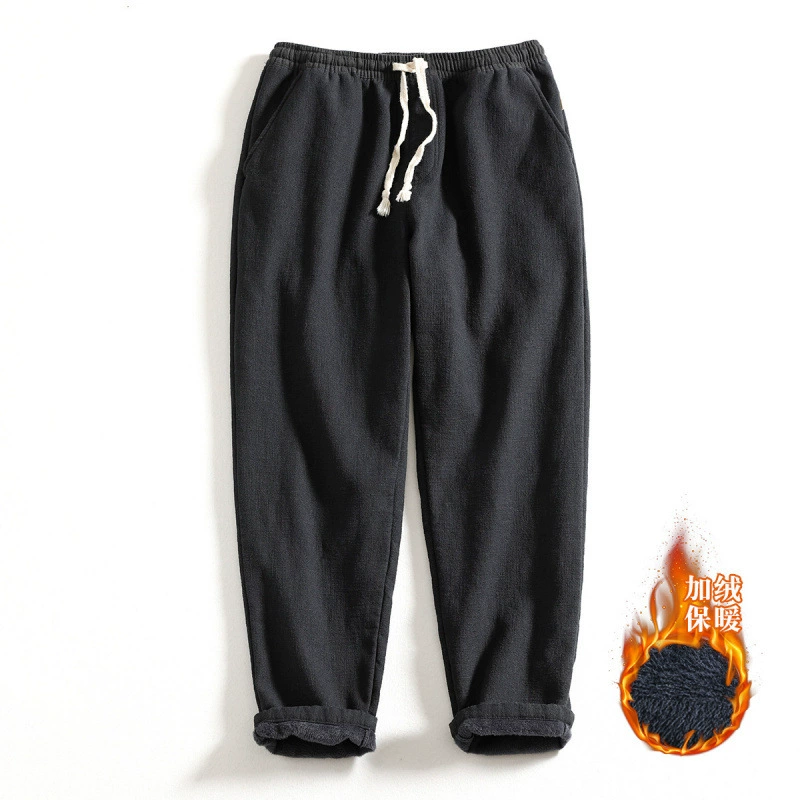 Мужские повседневные брюки из хлопка и льна в стиле ретро, ​​утепленные флисовые теплые молодежные эластичные простые мужские брюки в стиле ретро - бежевые