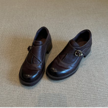 牛皮版~复古英伦风皮带扣圆头乐福鞋粗跟小皮鞋百搭一脚蹬