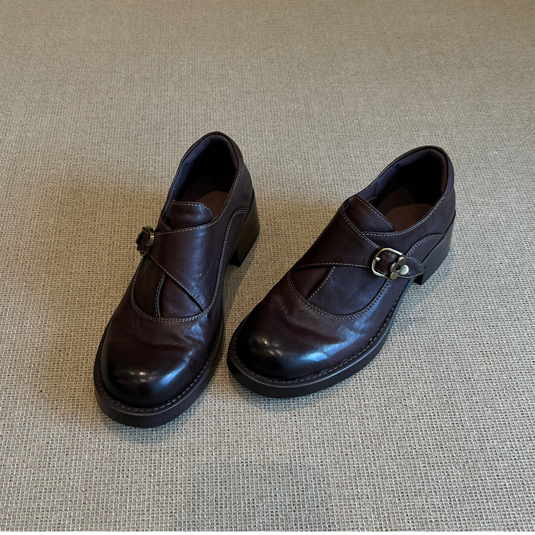 牛皮版~复古英伦风皮带扣圆头乐福鞋粗跟小皮鞋百搭一脚蹬