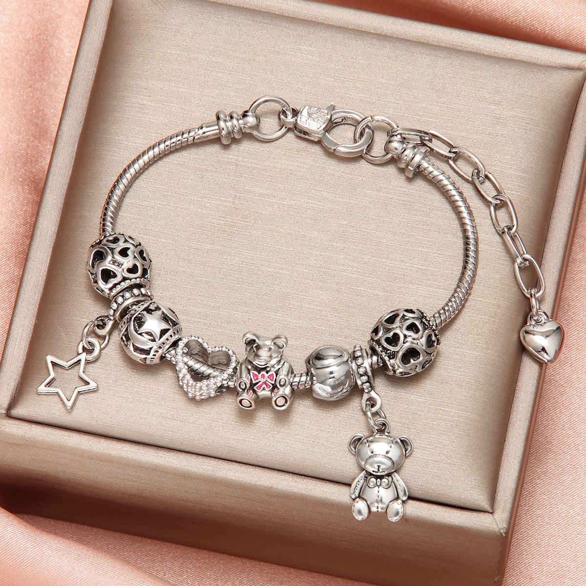 Bear Charm Bangle Bracelet, Personalised Handmade Glass Jewellery_voghion.com
