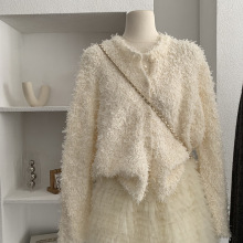 欧玛莱 圆领单排扣毛茸茸纯色长袖针织开衫上衣冬季温柔风女 5495