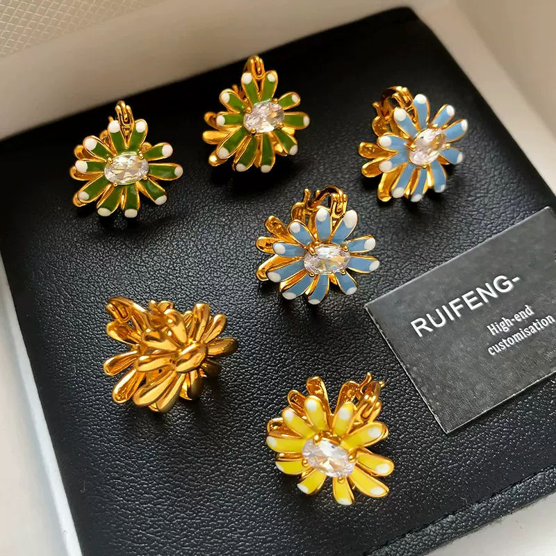 小雏菊~vintage轻中古风珐琅滴油黄色花朵锆石耳环时尚小清新耳饰