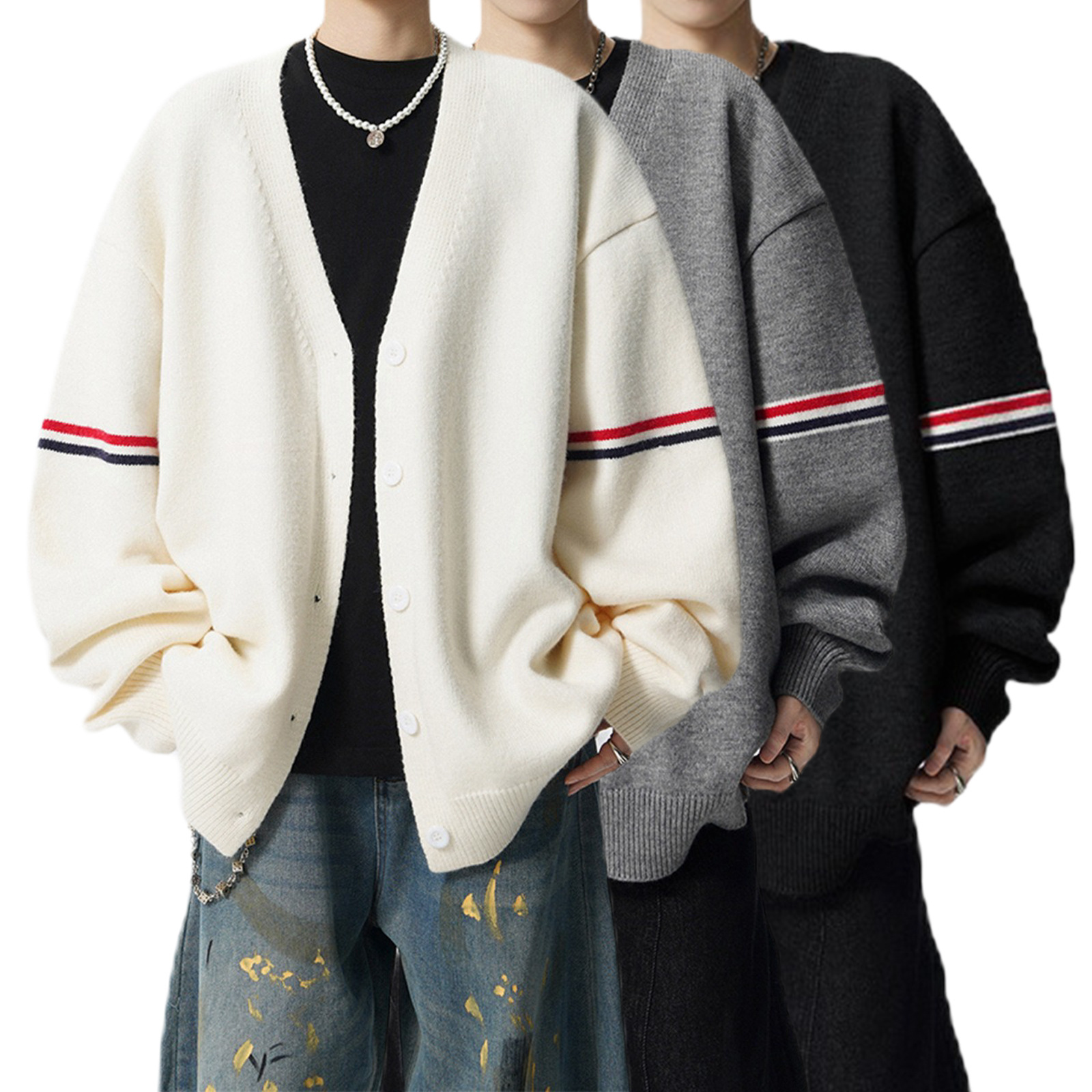 Explosiones transfronterizas de tamaño europeo de gran tamaño V-cuello Cardigan chaqueta camiseta de punto suéter de color masculino rayas de fábrica al por mayor