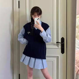 韩系穿搭美式学院风刺绣蓝条纹衬衫连衣裙+刺绣马甲两件套配皮带