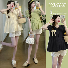 实拍孕妇2024夏季V领甜美宽松娃娃衫套装可开扣哺乳衬衫