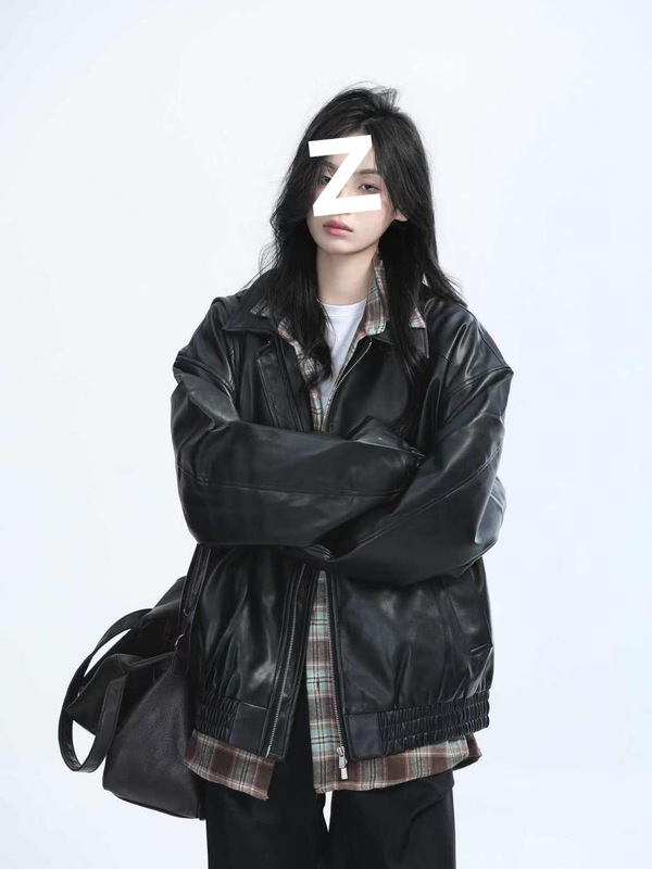 复古机车服黑色皮衣外套女春秋重磅宽松夹克上衣一件起批【厂家】|undefined