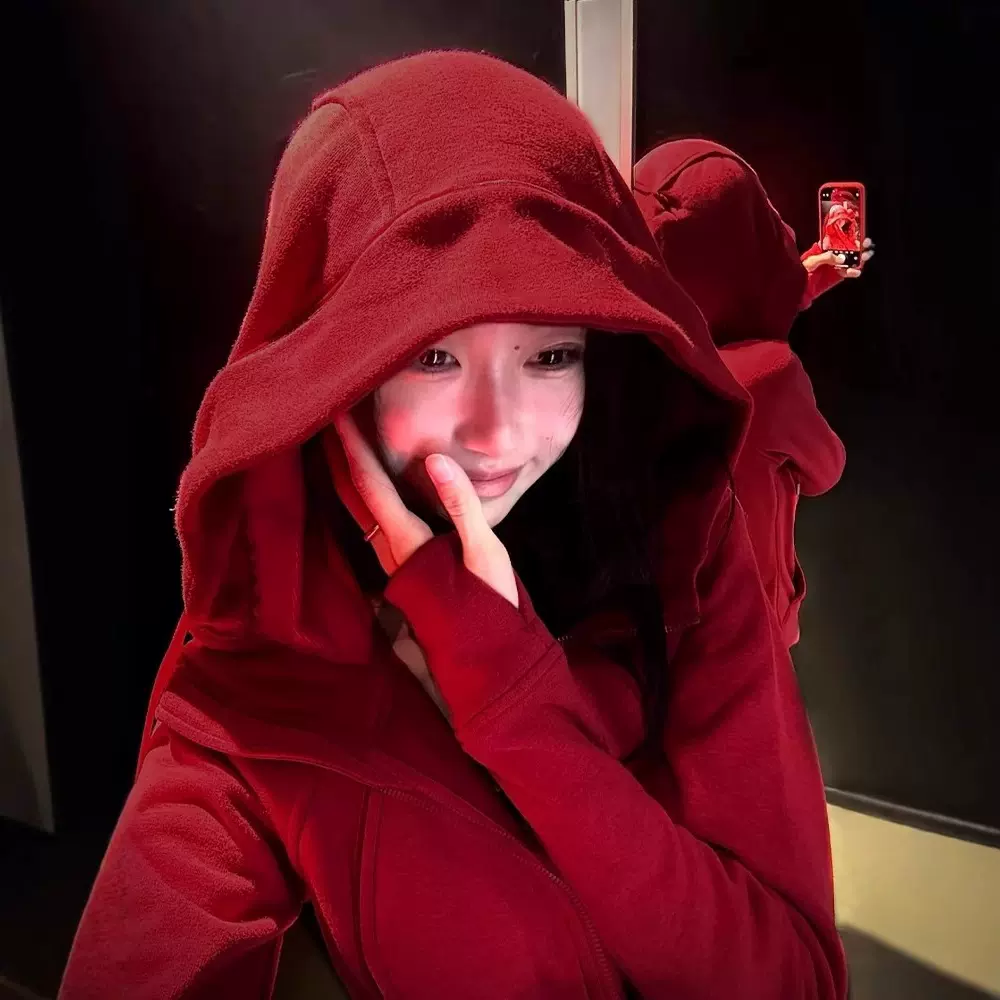 红色开衫卫衣外套女连帽韩版早秋chic圣诞穿搭秋季上衣新款深秋
