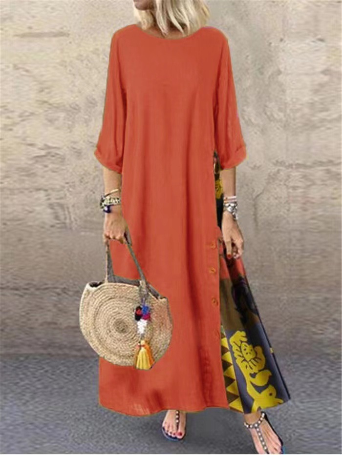 Swing Dress Casual Round Neck Printing Patchwork Contrast Binding 3/4 Length Sleeve Printing Maxi Long Dress Street display picture 3