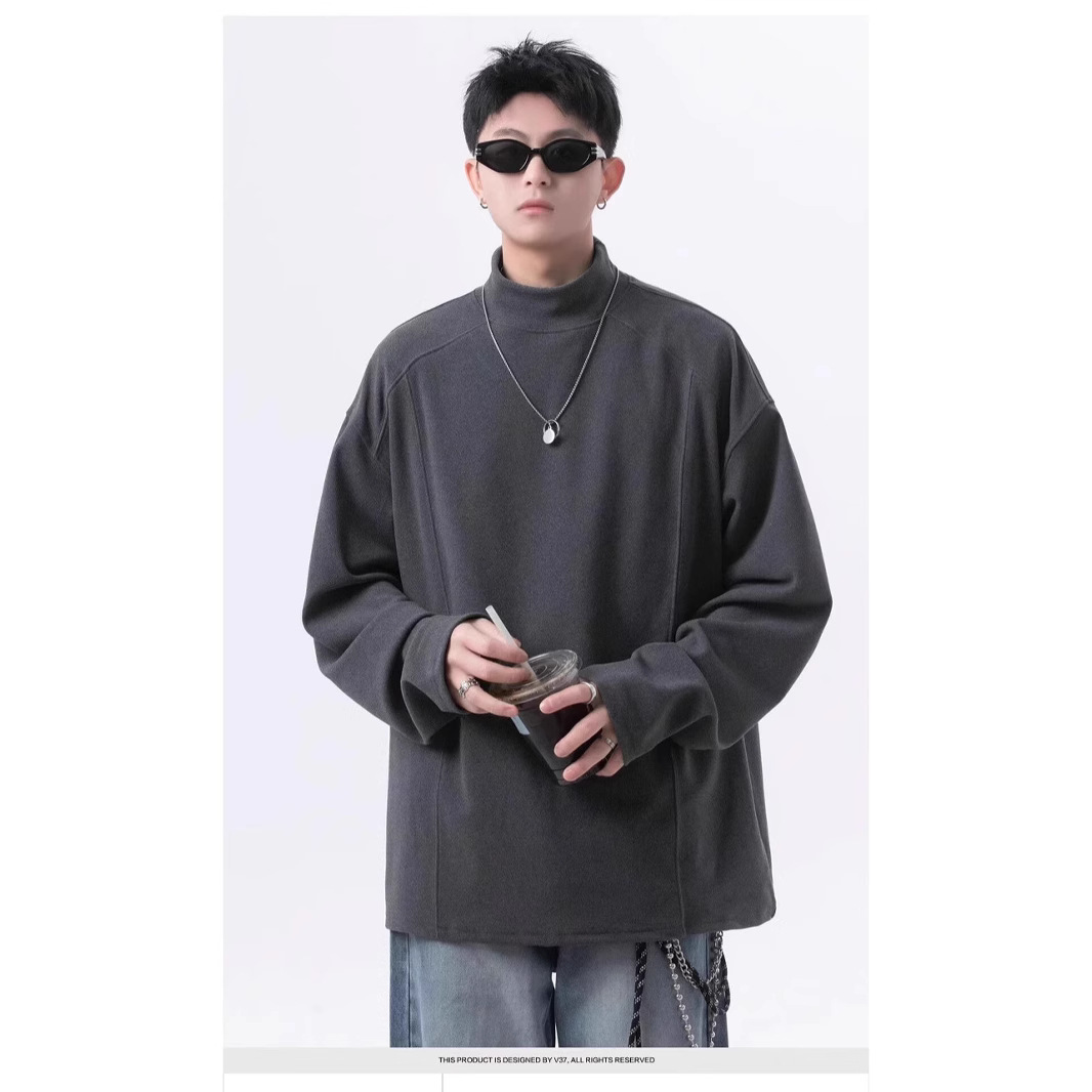 회색 양털베이스 셔츠 남자 겨울 바느질 해체 반 높이 칼라 스웨터 내복 아메리칸 스타일 어깨 긴 소매 티셔츠