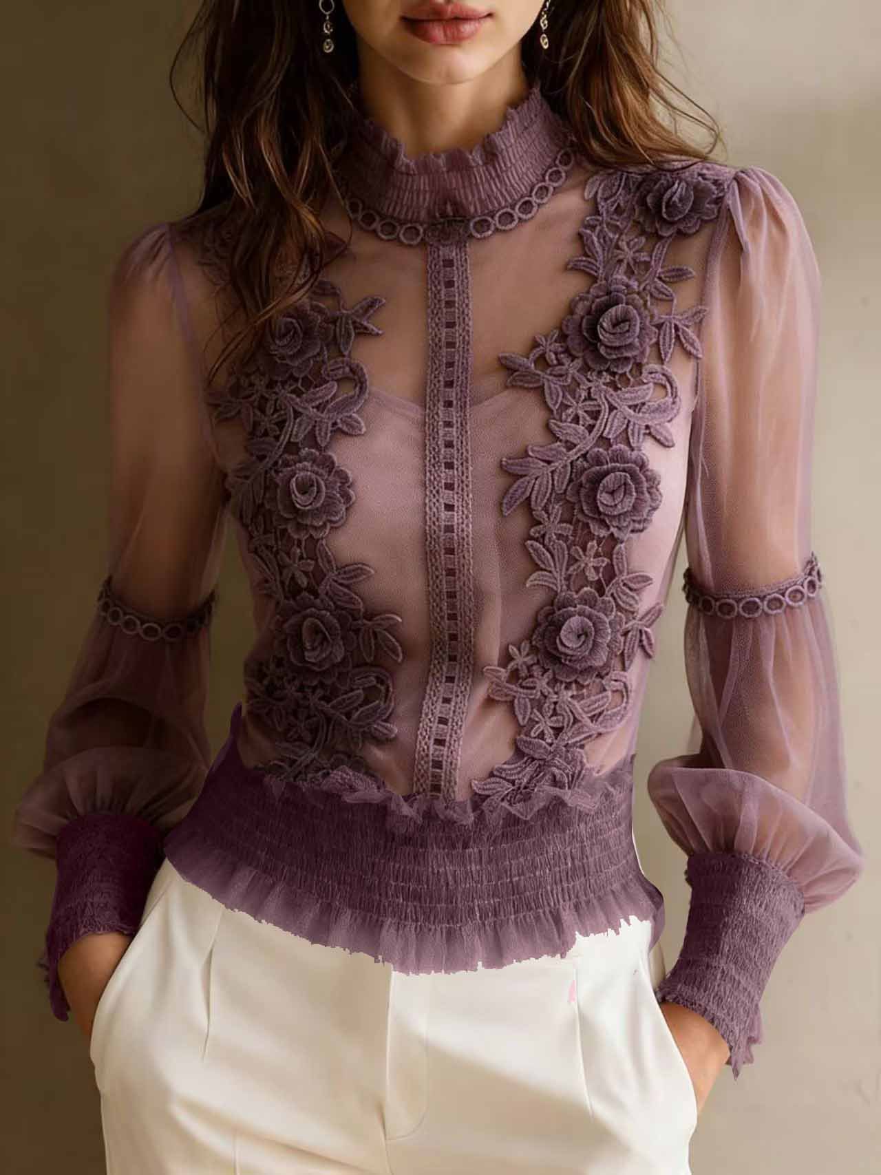 Damen T-shirt Mit Spitzenapplikationen Aus Dreidimensionalem Netz_voghion.com
