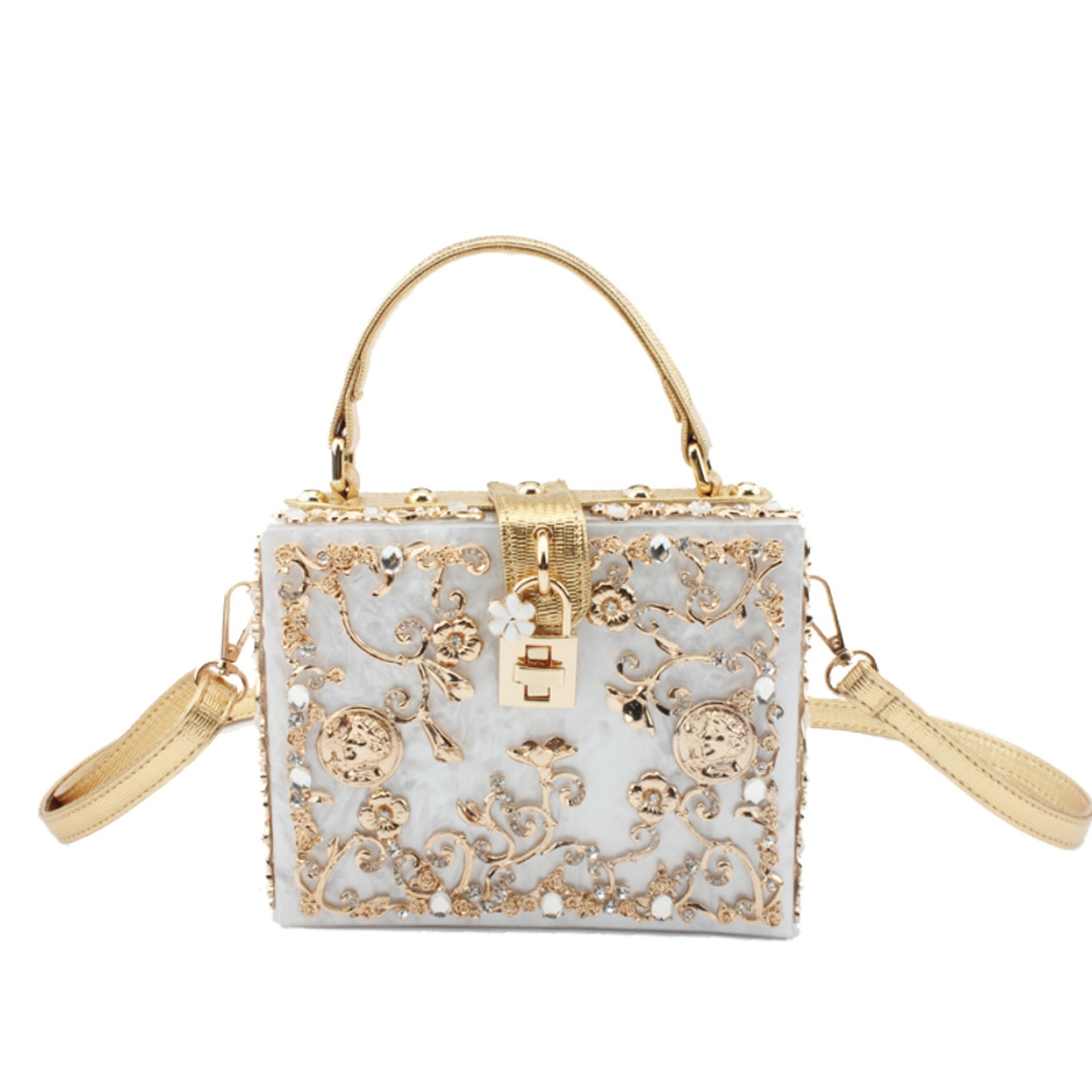 European And American Acrylic Evening Bag Hollow-Out Metal Carved Diamond Inlaid Handbag Shoulder Crossbody Bag For Women - Thumbnail 5