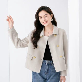 秋冬季翻领小香风纯羊毛双面呢大衣女短款时尚显瘦小个子毛呢外套