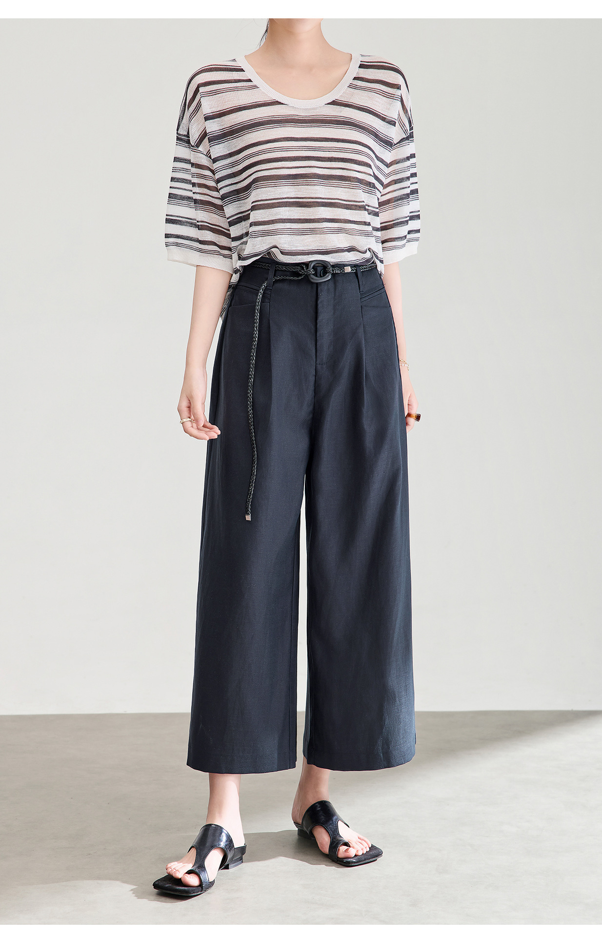 Quần culottes nữ ống rộng chất liệu linen phối sợi tencel, cạp cao dáng suông, mặc mùa hè thoáng mát — Xanh lông mòng đen chi tiết 19