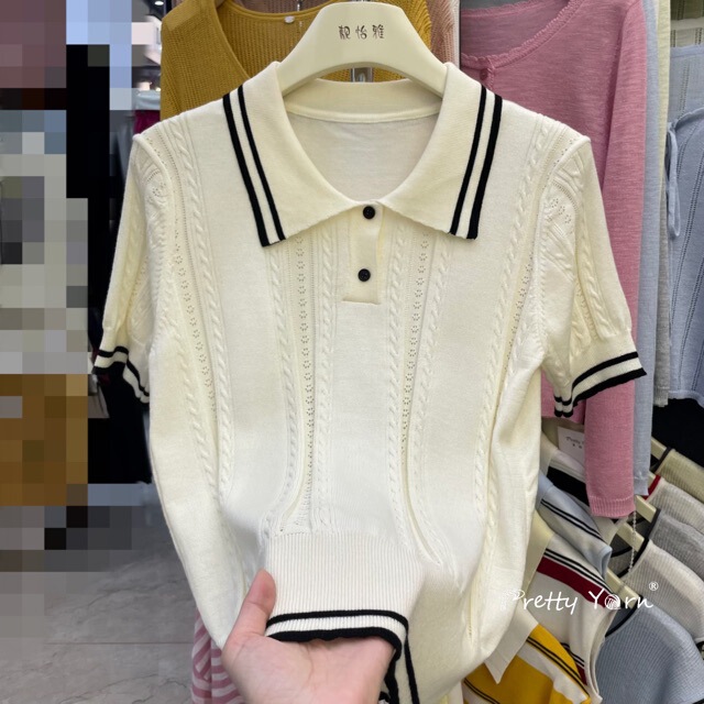 Retro Literary High-End Soft Six Wool Color-Blocked Polo Collar Knitted Short-Sleeved T-Shirt Women's Preppy Style Casual Top