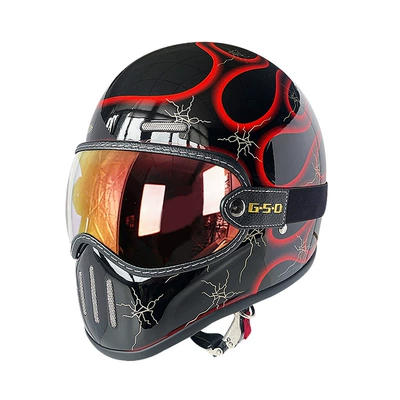 Motosiklet kaskı (dəbilqə) — Fiberglass Retro Motorcycle Helmet Full-Face Electric - red-flame-color-mirror-m55-56
