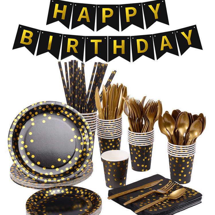 Bronzing Black Polka Dot Tableware Thickened Paper Cup Pie Paper Plate Golden Knife, Fork and Spoon Paper Towel Party Decorative Supplies Set