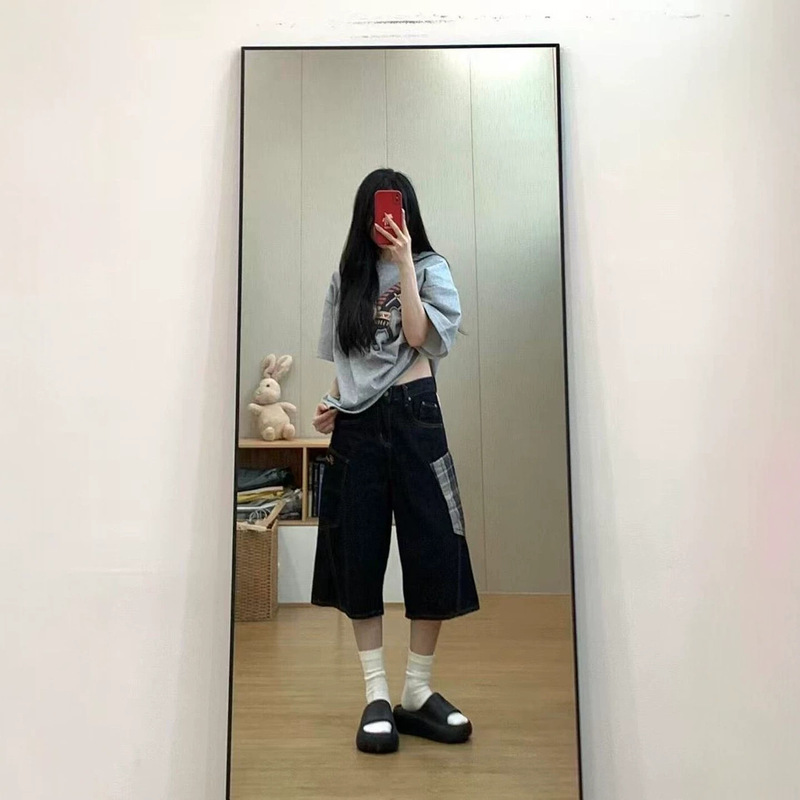 American-style embroidered wide-leg denim shorts for women, new summer model, plus-size, loose-fitting, slimming, three-quarter length pants