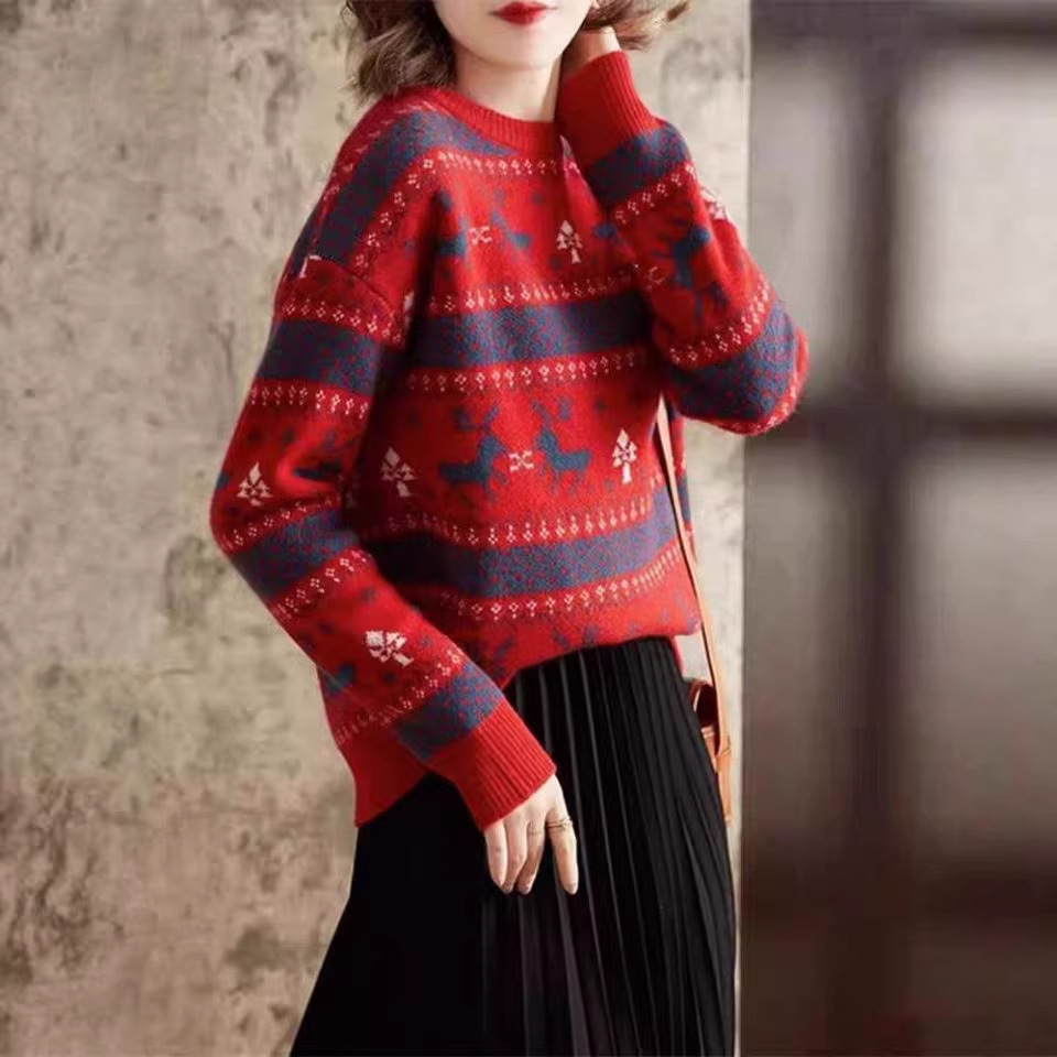 Áo len cổ tròn nữ họa tiết hươu nhỏ dệt nổi phong cách Hàn Quốc — màu đỏ chi tiết 2