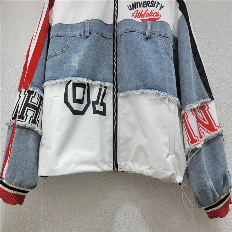 Chaqueta de Mezclilla Holgada con Empalme de Letras de Poliéster