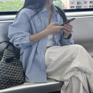 韩版通勤休闲蓝色衬衫女外套2026新款polo领宽松条纹衬衣上衣女