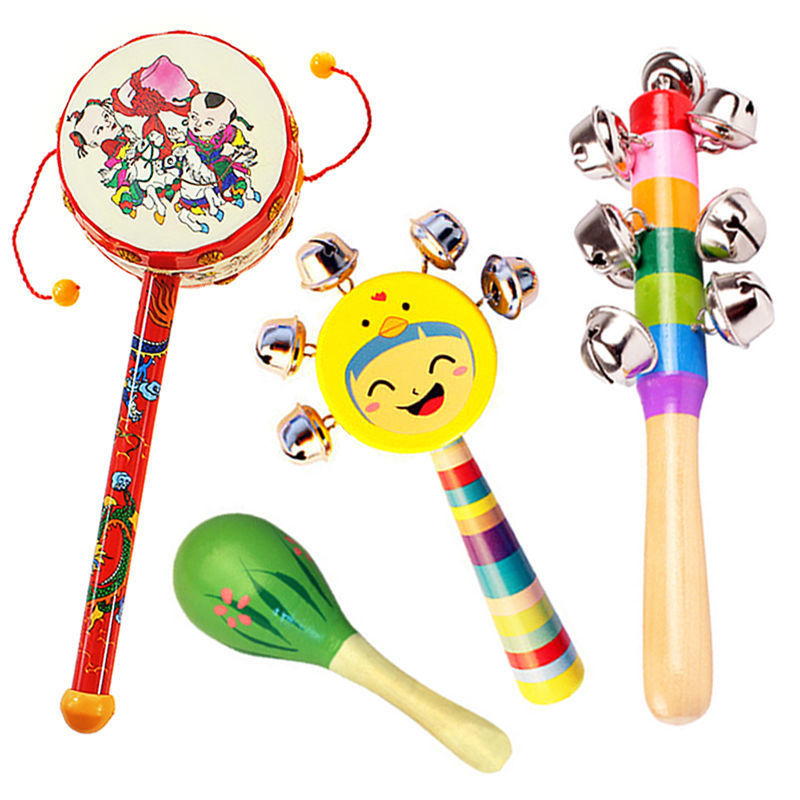 Peace drum + small maracas + rattle + smiley face rattle (colors random)