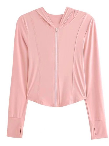 Ice-silk cool-feeling sun protection shirt summer slimming yoga top outer jacket tight top UV protection hooded zipper top