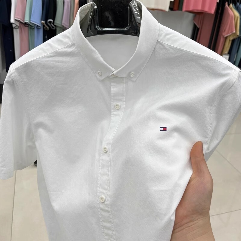 Foreign Trade Tommy Men's Short-Sleeved Shirt Summer New Style Pure Cotton High-End Fashion Professional Base Shirt Non-Iron Men's Clothing