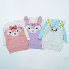 New Women's Children Knit Dress 3D Ear Knit Dress Cute Color Block Long Sleeve Round Neck 2022 Autumn Winter Warm