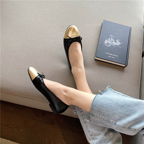 new style small fragrant style color matching bow flat ballet shoes for women versatile round toe small fragrant shoes shallow mouth single shoes