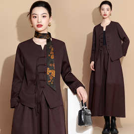 好质量中式汉服盘扣V领长袖上衣领带唐装改良女古风半身裙三件套