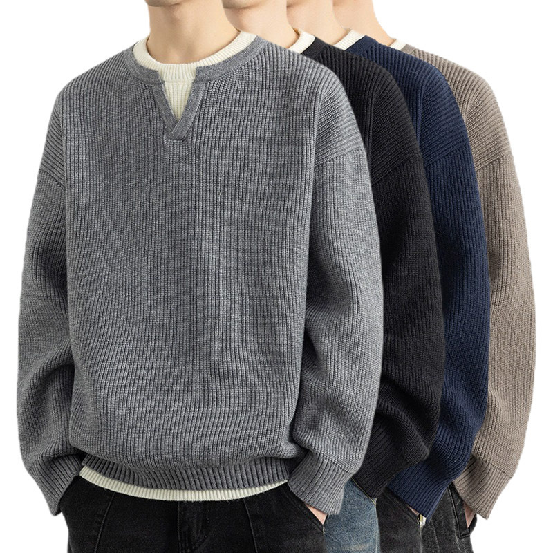 Explosiones transfronterizas de tamaño grande europeo falso dos piezas de costura camiseta de punto suéter hombre cuello V viejo viento otoño invierno fábrica al por mayor