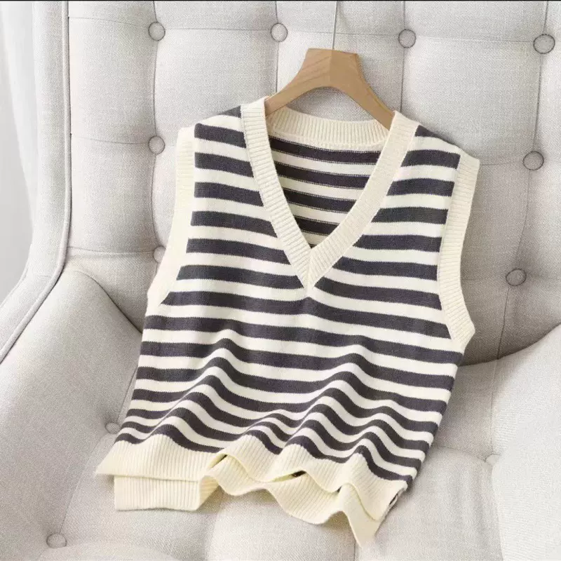 韩版软糯亲肤撞色条纹毛衣女春秋新款学院风百搭显瘦休闲针织马甲