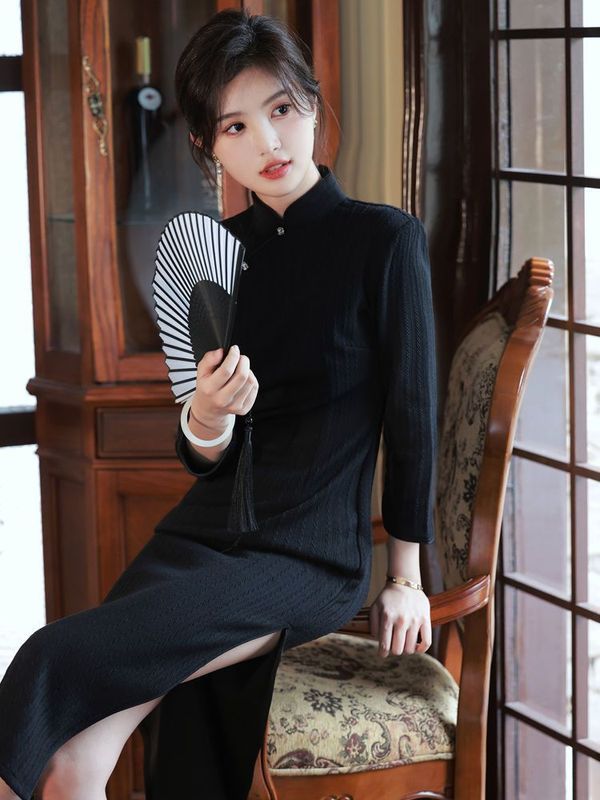 改良黑色旗袍女长袖2025年秋冬新款民国风气质年轻款少女新中式|undefined