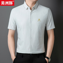 夏季新款冰丝无痕男士短袖衬衫四面弹力条纹中青年轻商务半袖衬衣