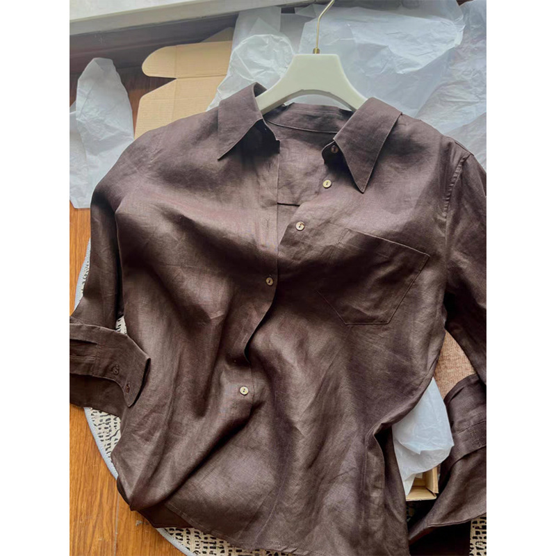 No D Recommendation! French Imported Linen Brown Coffee Shirt Women's Polo Collar Long-Sleeved Work Clothing Sun Protection Shirt Top No D Recommendation! French Imported Linen Brown Coffee Shirt Women's Polo Collar Long-Sleeved Work Clothing Sun Protection Shirt Top