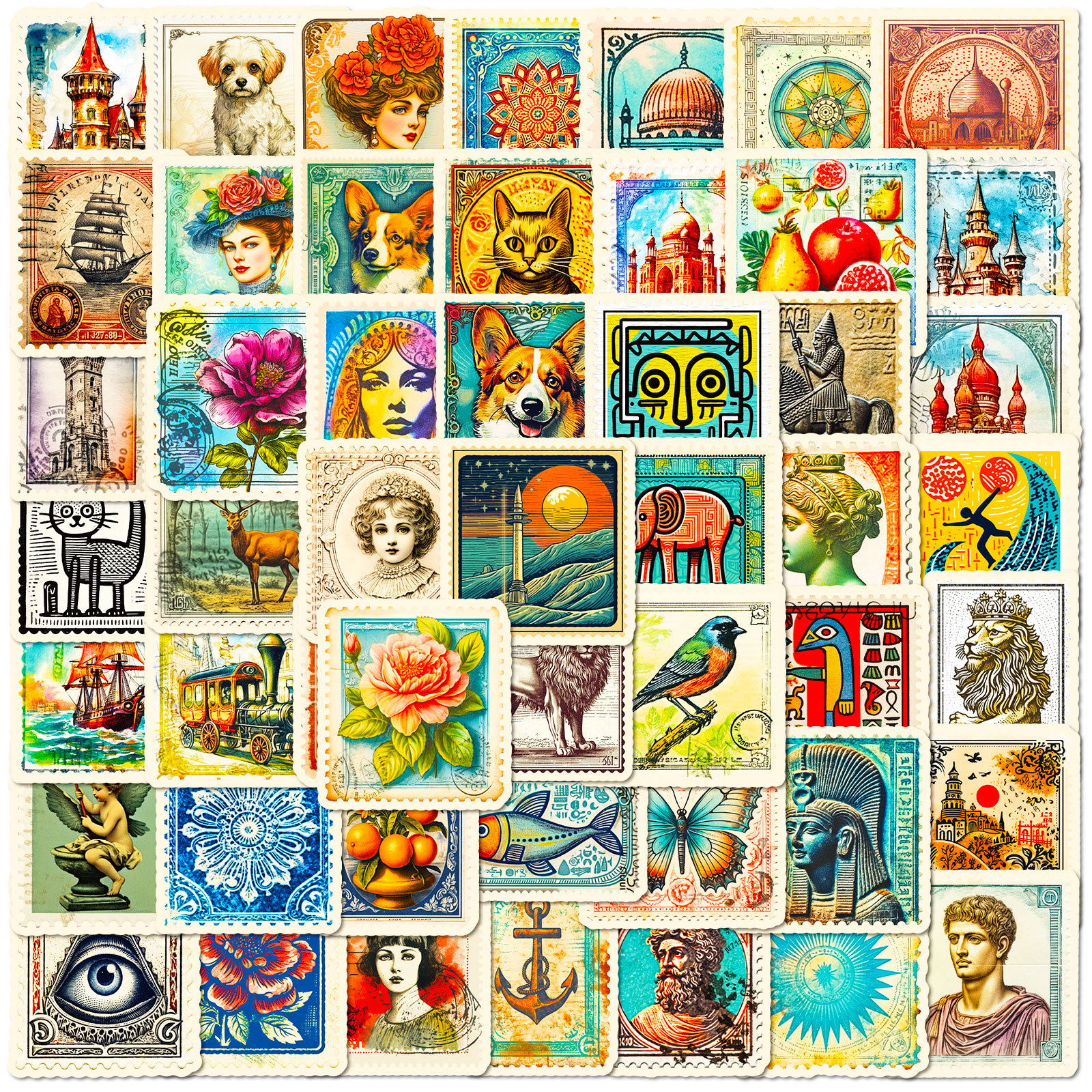 50張仿古郵票貼紙跨境歐美文藝復興復古郵票手帳日記DIY素材貼紙