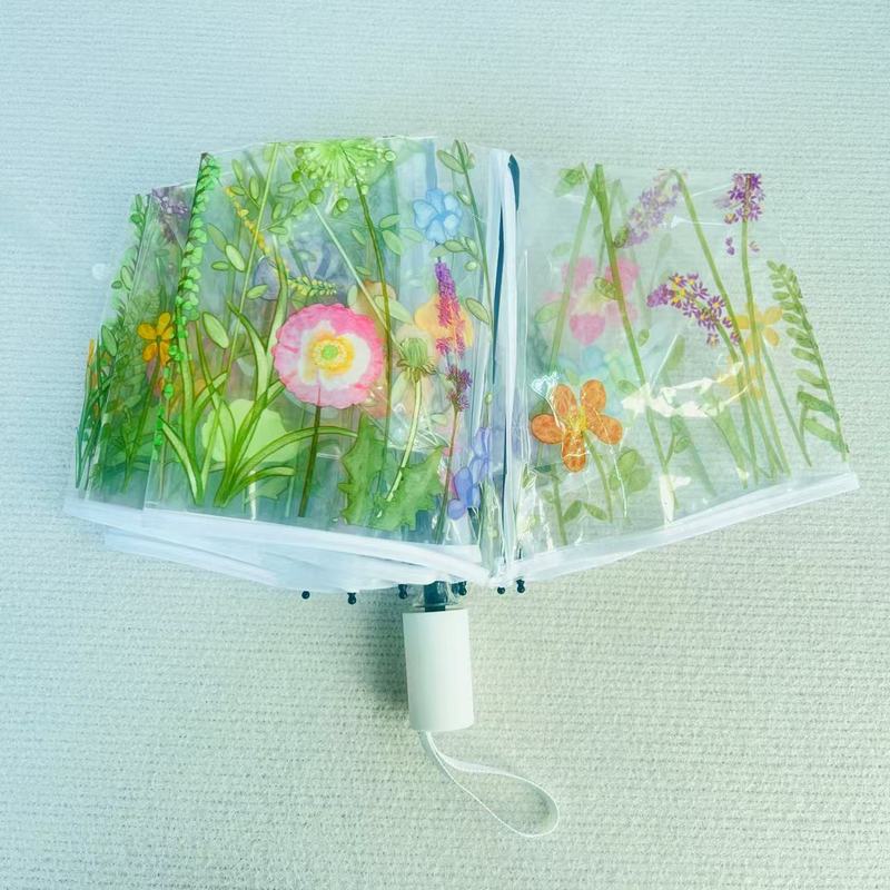 森系花草全自动透明雨伞三折折叠伞直柄伞男女生学生雨伞便携|undefined