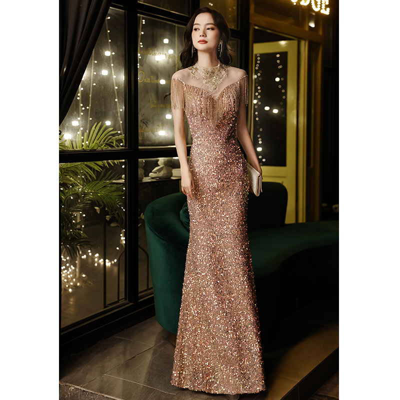 Vestido de noche sexy con cola de pez para mujer, nuevo estilo primavera 2026, elegante vestido largo de lentejuelas para banquete, para anfitrionas o celebridades.