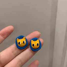 韩国卡通小猫咪椭圆形耳钉时尚个性童趣设计耳环可爱甜美百搭耳饰