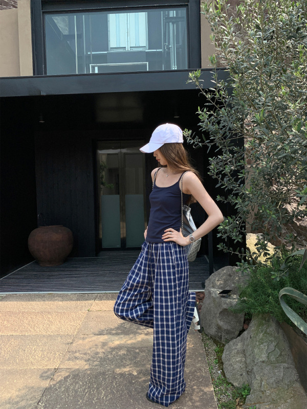 Gejia モールの同じスタイルの女性の 2025 夏怠惰でリラックスしたルーズチェック柄パンツ女性のワイドレッグカジュアルパンツ女性|undefined