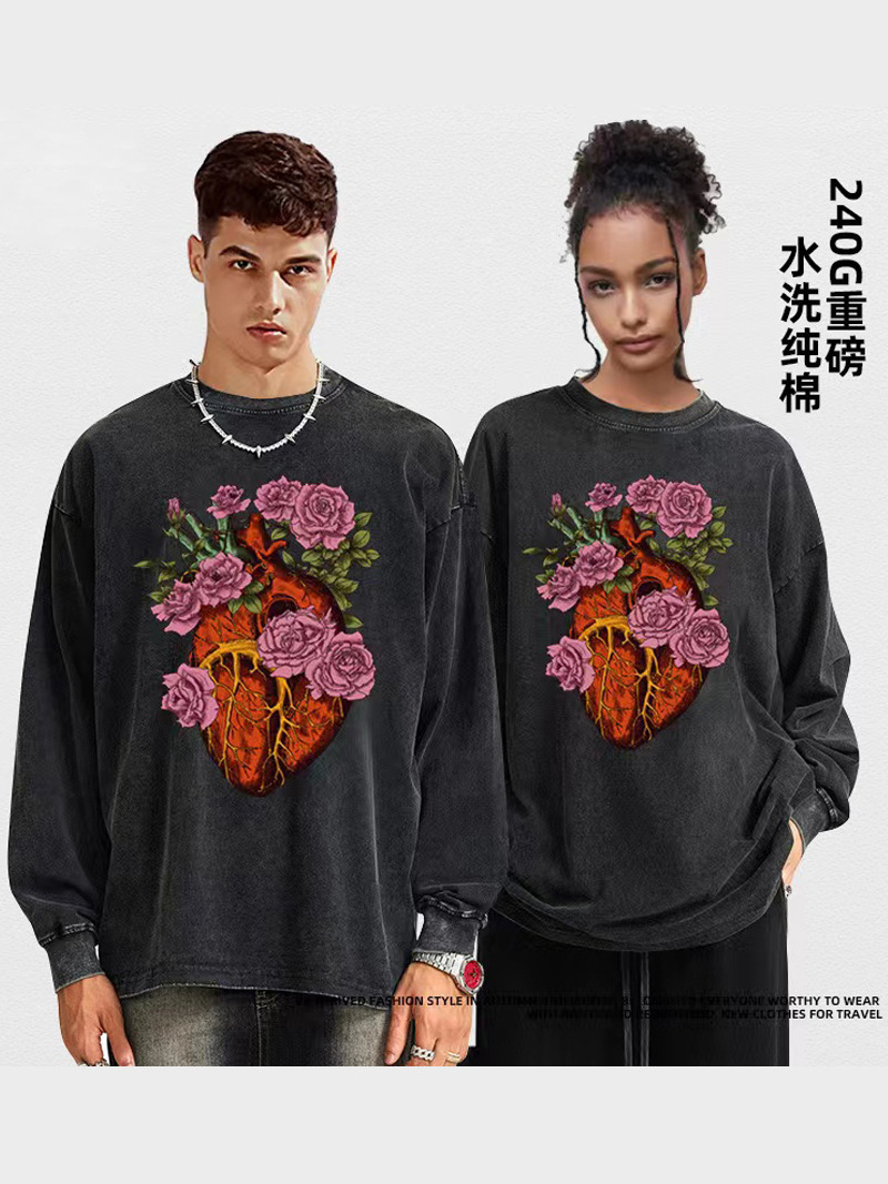 Camiseta de manga larga impresa de marca de alta calle oscura, camiseta para hombres, camiseta de base de pareja suelta de tamaño grande