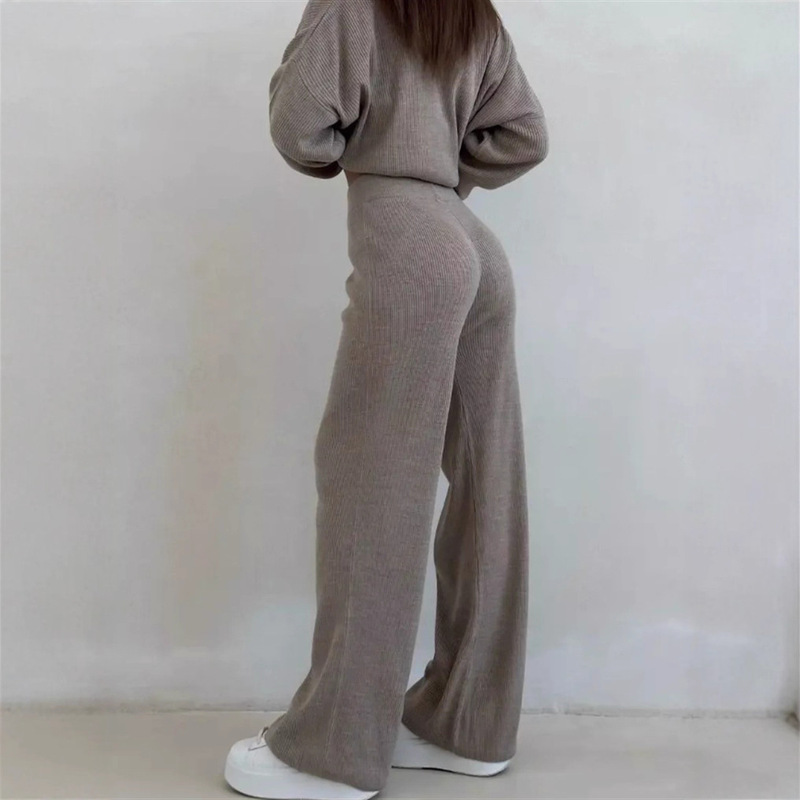 撞色V领毛衣+纯色阔腿裤两件套装女跨境秋冬新款宽松百搭针织套装|undefined