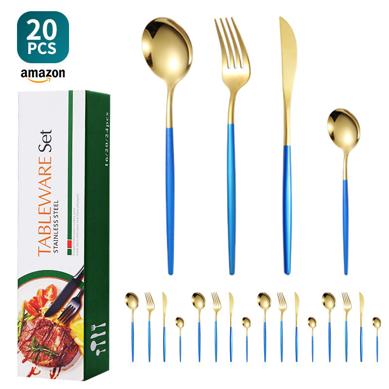 Transfronterizo amazon portugal 20 piezas traje de vajilla occidental cuchillo de carne de acero inoxidable, tenedor y cuchara caja de regalo